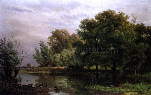  Jan Willem Van Borselen Wooded River Landscape with Ducks on a Bank - Canvas Art Print