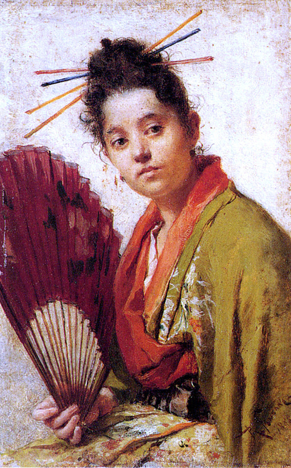  Roberto Fontano A Young Girl Holding A Fan - Canvas Art Print