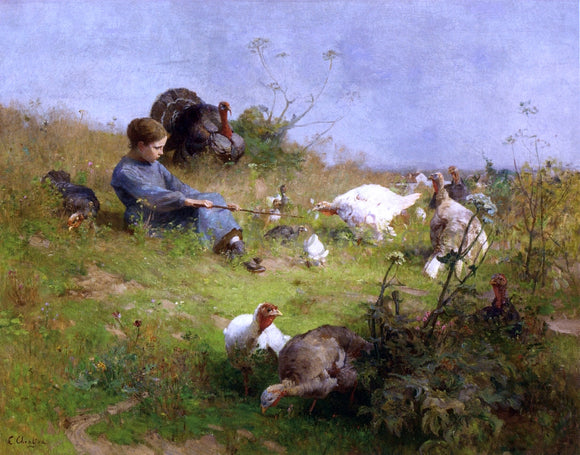  Luigi Chialiva A Young Girl with a Flock of Turkeys - Canvas Art Print