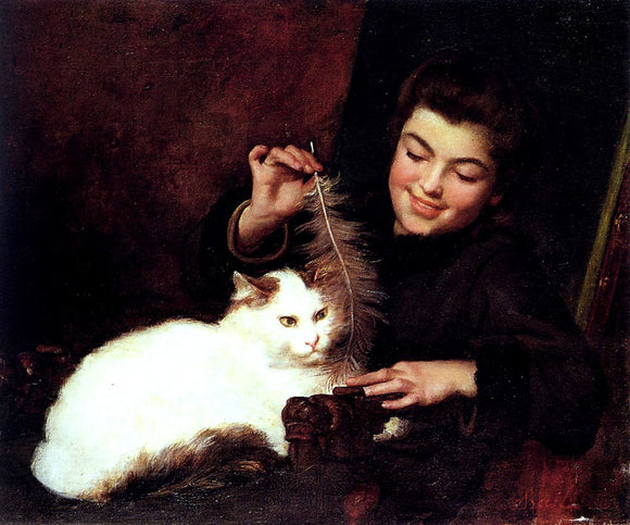  Antoine Jean Bail A Young Girl with a White Cat - Canvas Art Print