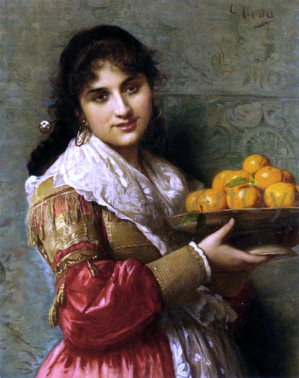  Giovanni Costa A Young Italian Beauty with a Plate of Oranges - Canvas Art Print