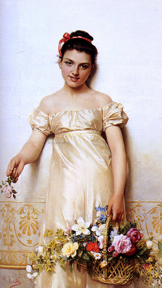  Giovanni Costa A Young Lady Holding A Basket Of Flowers - Canvas Art Print