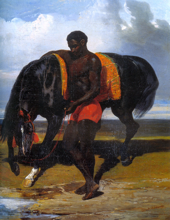  Alfred De Dreux Africain tenant un cheval au bord d'une mer - Canvas Art Print