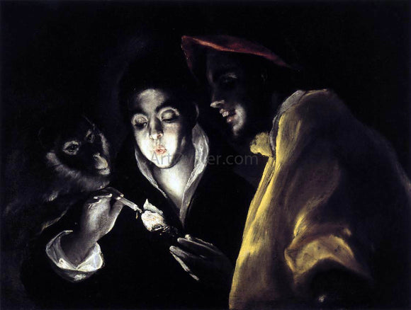  El Greco Allegory with a Boy Lighting a Candle in the Company of an Ape and a Fool (Fabula) - Canvas Art Print