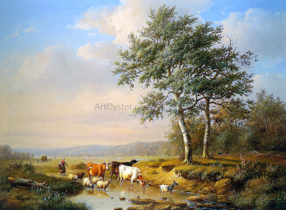  Louis Pierre Verwee An Extensive Landscape with Cattle Watering - Canvas Art Print