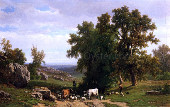  Eugene Verboeckhoven An Extensive Wooded Rocky Landscape with Shepherds and Flock, Cows and a Traveller on a Horseback - Canvas Art Print