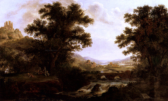  James Lambert An Italianate Landscape With Drovers Crossing A Bridge And Figures By A Camp Fire - Canvas Art Print