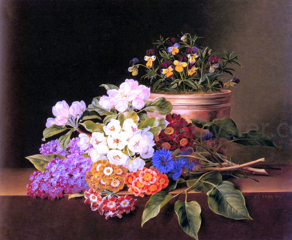  Johan Laurentz Jensen Apple Blossoms, Lilac, Violas, Cornflowers and Primroses on a Ledge - Canvas Art Print