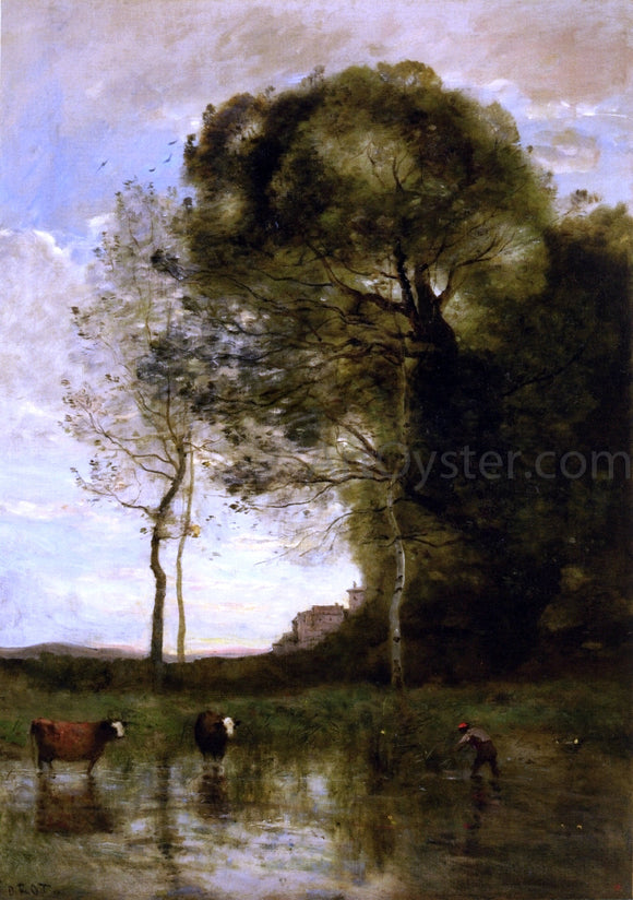  Jean-Baptiste-Camille Corot Banks of a Pond with Two Cows, Italian Souvenir - Canvas Art Print