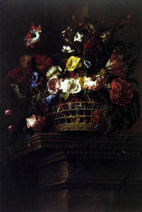  Juan De Arellano Basket of Flowers on a Plinth - Canvas Art Print