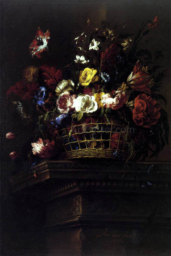 Juan De Arellano Basket of Flowers on a Plinth - Canvas Art Print