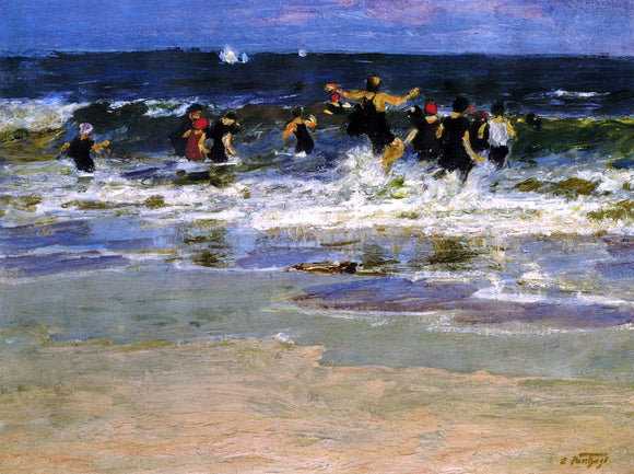  Edward Potthast Beach Scene, Jumping in the Surf - Canvas Art Print