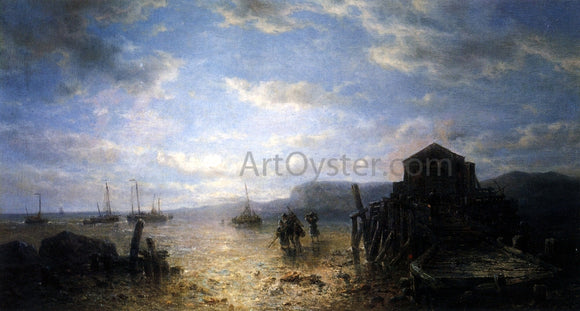  Francois Etienne Musin Beached Bomschuiten and Shrimp Fishers by a Jetty at Low Tide - Canvas Art Print
