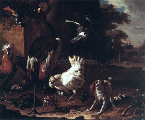  Melchior D'Hondecoeter Birds and a Spaniel in a Garden - Canvas Art Print
