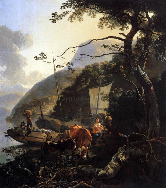  Adam Pynacker Boatmen Moored on the Shore of an Italian Lake - Canvas Art Print