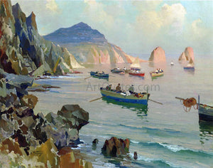 Edward Potthast Boats in a Rocky Cove - Canvas Art Print