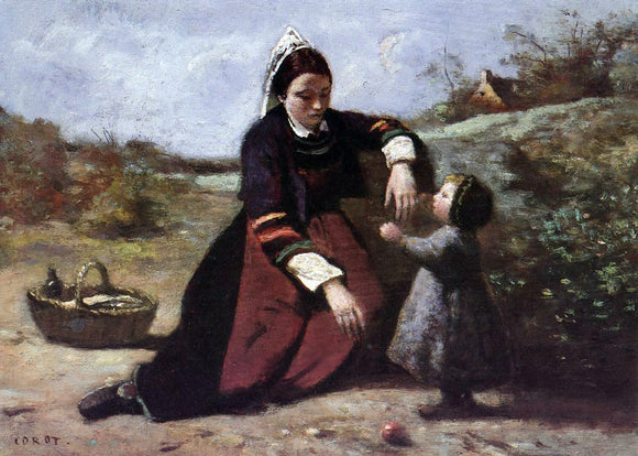  Jean-Baptiste-Camille Corot Breton Woman With Her Little Girl - Canvas Art Print