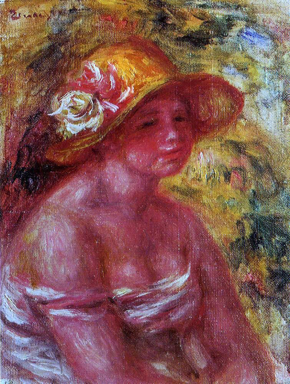  Pierre Auguste Renoir Bust of a Young Girl Wearing a Straw Hat - Canvas Art Print