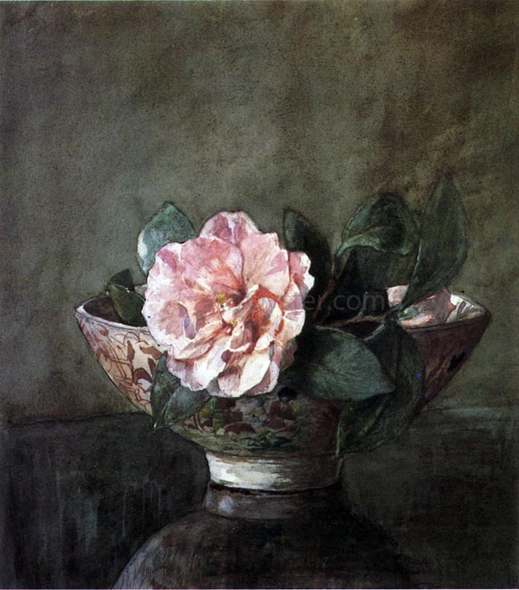  John La Farge Camellia in Old Chinese Vase on Black Lacquer Table - Canvas Art Print