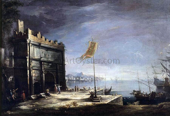  Antonio Stom Capriccio of a Port Scene with a Classical Arch - Canvas Art Print
