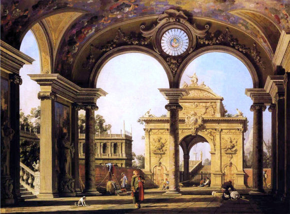  Canaletto Capriccio of a Renaissance Triumphal Arch seen from the Portico of a Palace - Canvas Art Print
