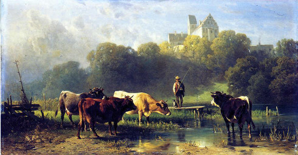  Fredrich Johann Voltz Cattle Watering at a Lake by a Fisherman and His Dog - Canvas Art Print