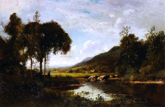  William Keith Cattle Watering at a Pond with a Shepherd Nearby - Canvas Art Print