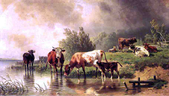  Fredrich Johann Voltz Cattle Watering by Stream under Darkening Skies - Canvas Art Print