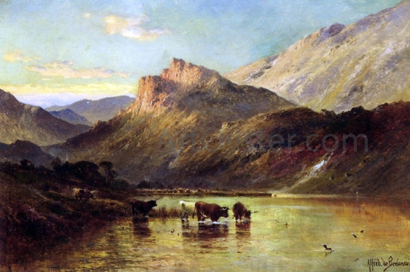  Senior Alfred De Breanski Cattle Watering in a Mountainous Landscape - Canvas Art Print