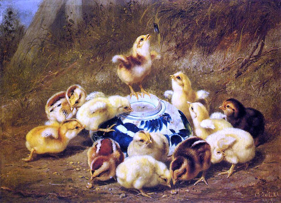  Arthur Fitzwilliam Tait Chicks and Delft Bowl - Canvas Art Print