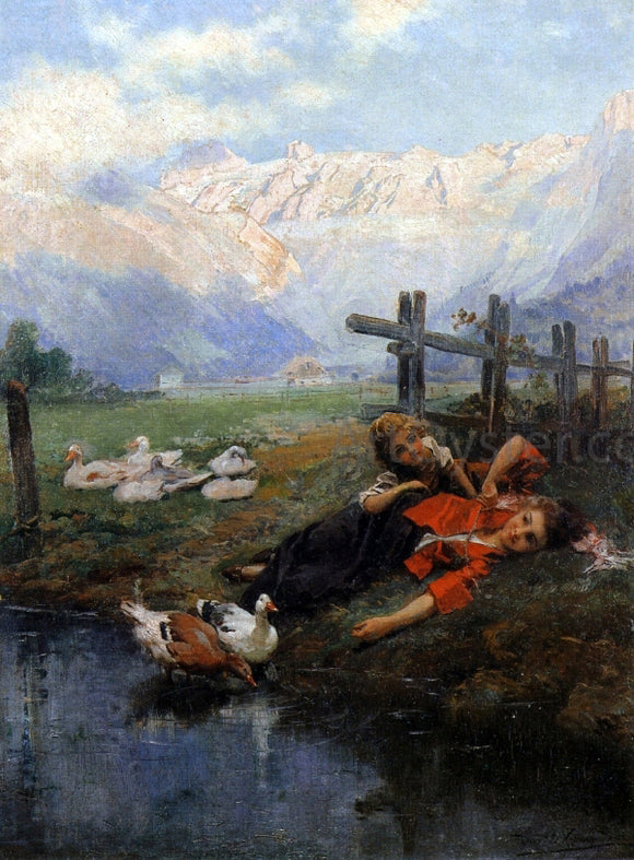  Daniel Hernandez Children and Geese by a Pond - Canvas Art Print