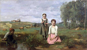  Jean-Baptiste-Camille Corot Children at the Edge of a Stream in the Countryside near Lormes - Canvas Art Print