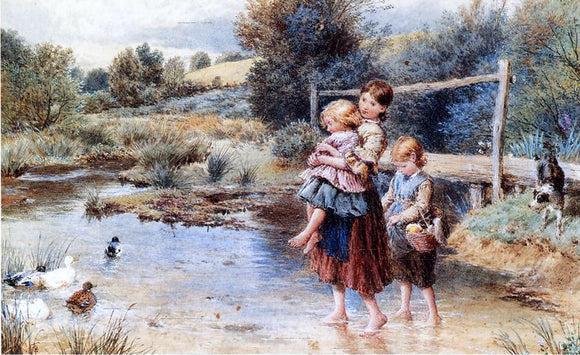  Myles Birket Foster Children Paddling in a Stream - Canvas Art Print