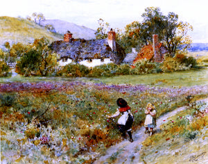 William Stephen Coleman Children Playing On A Path, Cottages Beyond - Canvas Art Print