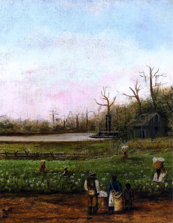  William Aiken Walker Cottonfield with Bayou, Steamboat, Road, Cabin and Fieldhands - Canvas Art Print