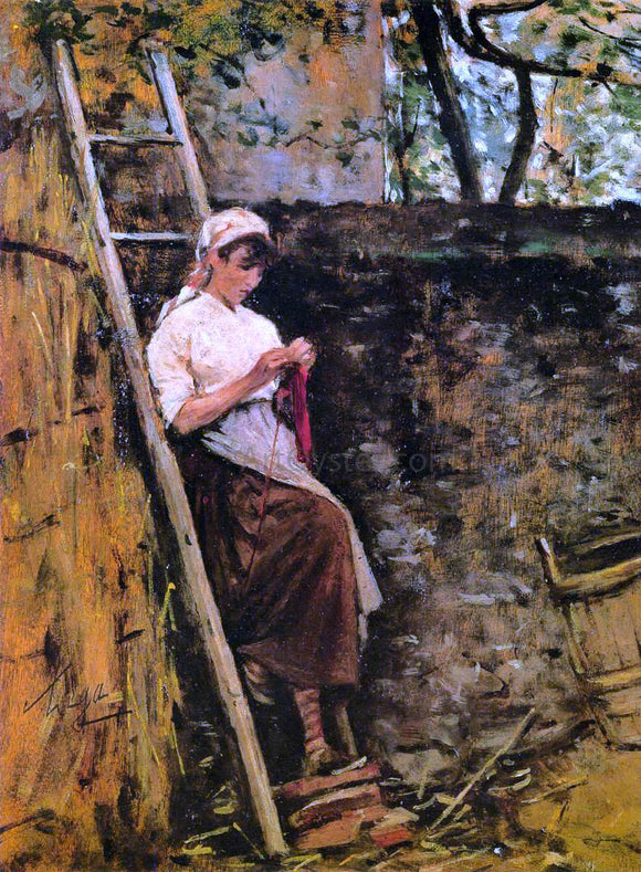 Silvestro Lega Country Girl Leaning Against a Ladder - Canvas Art Print