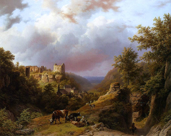  Barend Cornelis Koekkoek Countryfolk, Cattle and Goats on a Mountain Path with a Village Beyond - Canvas Art Print