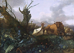  Willem Romeijn Cow, Goats and Sheep in a Meadow - Canvas Art Print