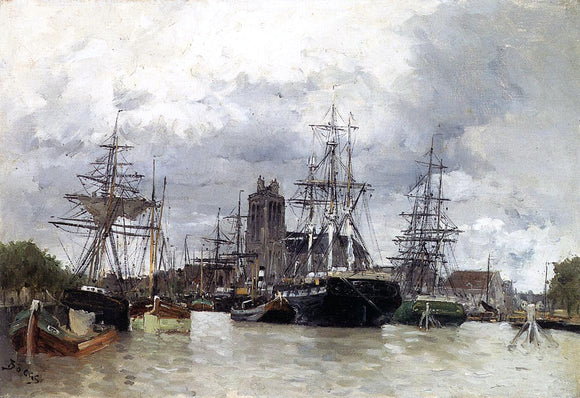  Frank Myers Boggs Dordrecht Harbor with Shipping and Cathedral - Canvas Art Print