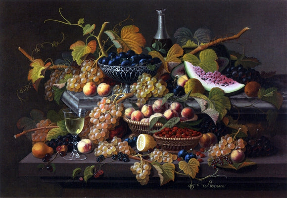  Severin Roesen Elaborate Still Life with Silver Basket of Plums - Canvas Art Print