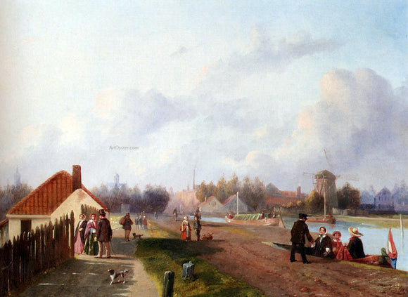  Joseph Bles Elegant Company Leaving A Ferry On The Trekvliet, Voorburg - Canvas Art Print