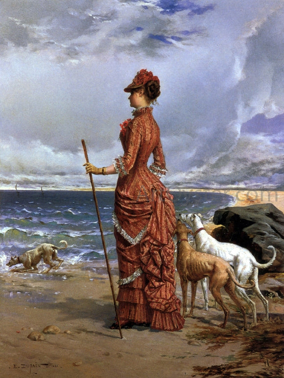  Edmond-Louis Dupain Elegant Lady Walking Her Greyhounds on the Beach - Canvas Art Print