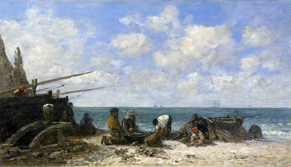  Eugene-Louis Boudin Etretat: Fishermen on the Beach - Canvas Art Print