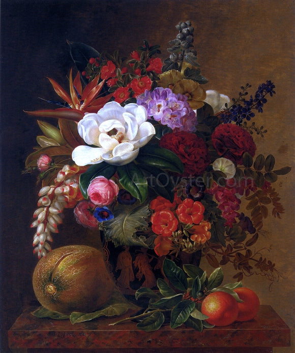  Johan Laurentz Jensen Exotic Blooms in a Grecian Urn with Fruit on a Marble Ledge - Canvas Art Print