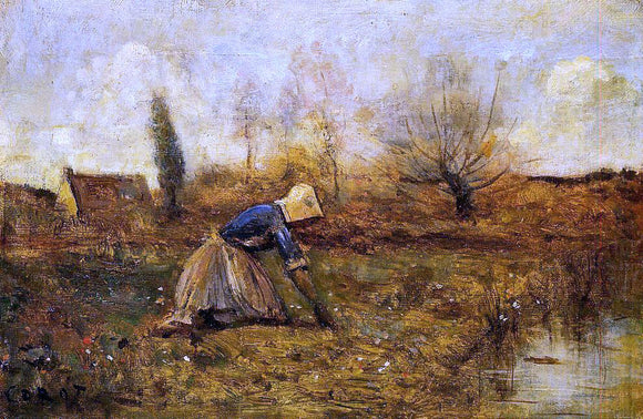  Jean-Baptiste-Camille Corot Farmer Kneeling Picking Dandelions - Canvas Art Print