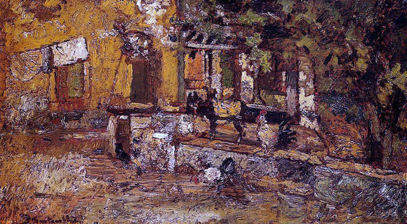  Adolphe-Joseph-Thomas Monticelli Farmyard with Donkeys and Roosters - Canvas Art Print