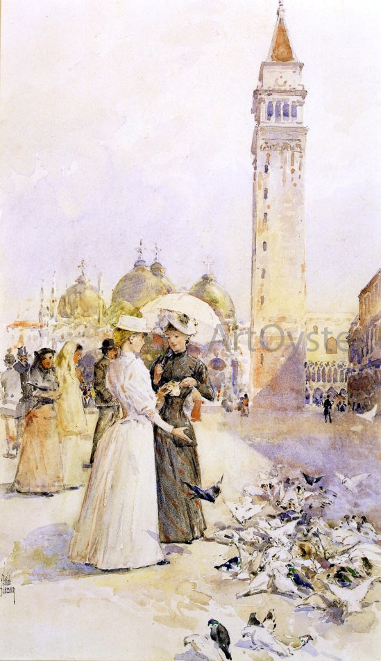  Frederick Childe Hassam Feeding Pigeons in the Piazza - Canvas Art Print