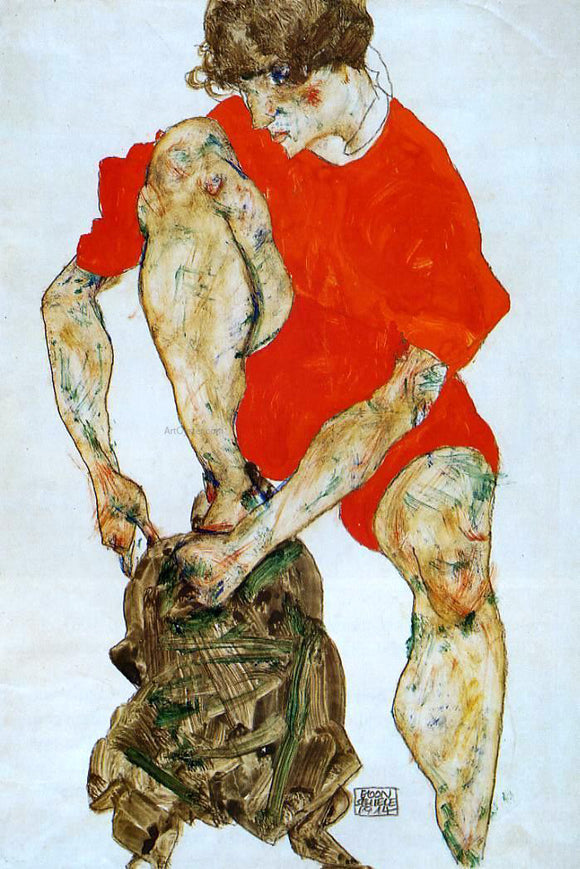  Egon Schiele Female Model in Bright Red Jacket and Pants - Canvas Art Print