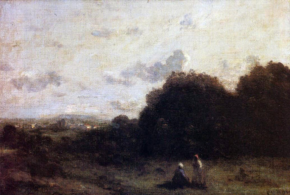  Jean-Baptiste-Camille Corot Fields with a Village on the Horizon, Two Figures in the Foreground - Canvas Art Print