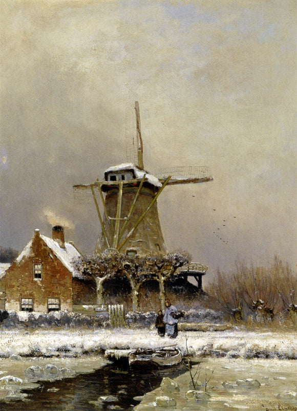  Louis Apol Figures by a Windmill in a Snow Covered Landscape - Canvas Art Print